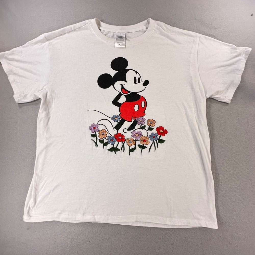 Disney Mickey Mouse Floral Embroidered White Graphic T-Shirt XL Womens Short Slv